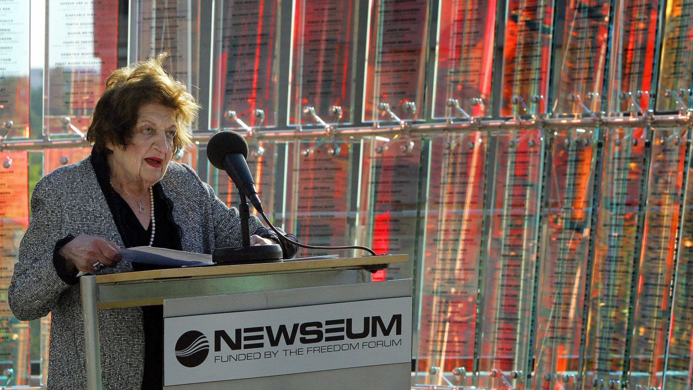 Thomas reads the names of journalists that died between 1812 and 1943 during a re-dedication ceremony to commemorate World Press Freedom Day at the Freedom Forum Journalists Memorial in Arlington, Virginia, on May 3, 2006.