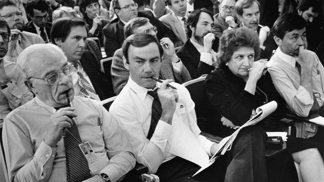 Journalists Ralph Harris, left, Sam Donaldson, Thomas and Bill Plante listen during a press briefing on Libya on March 25, 1986.