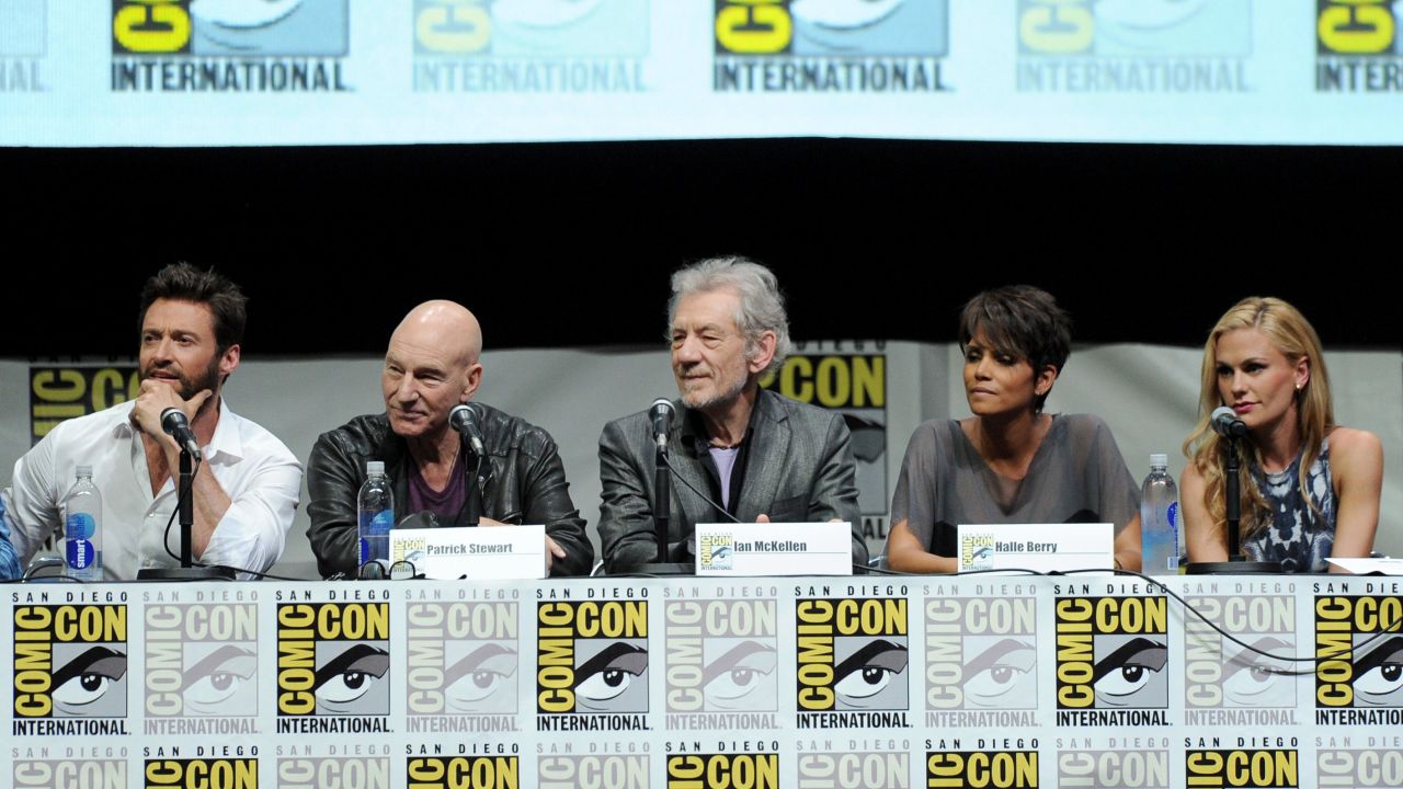 Hugh Jackman, from left, Patrick Stewart, Ian McKellen, Halle Berry and Anna Paquin speak at the 20th Century Fox panel on July 20. 