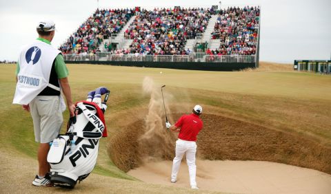 Britain's overnight leader Lee Westwood spends too much time in the bunkers on Sunday and finished tied for third on one over.