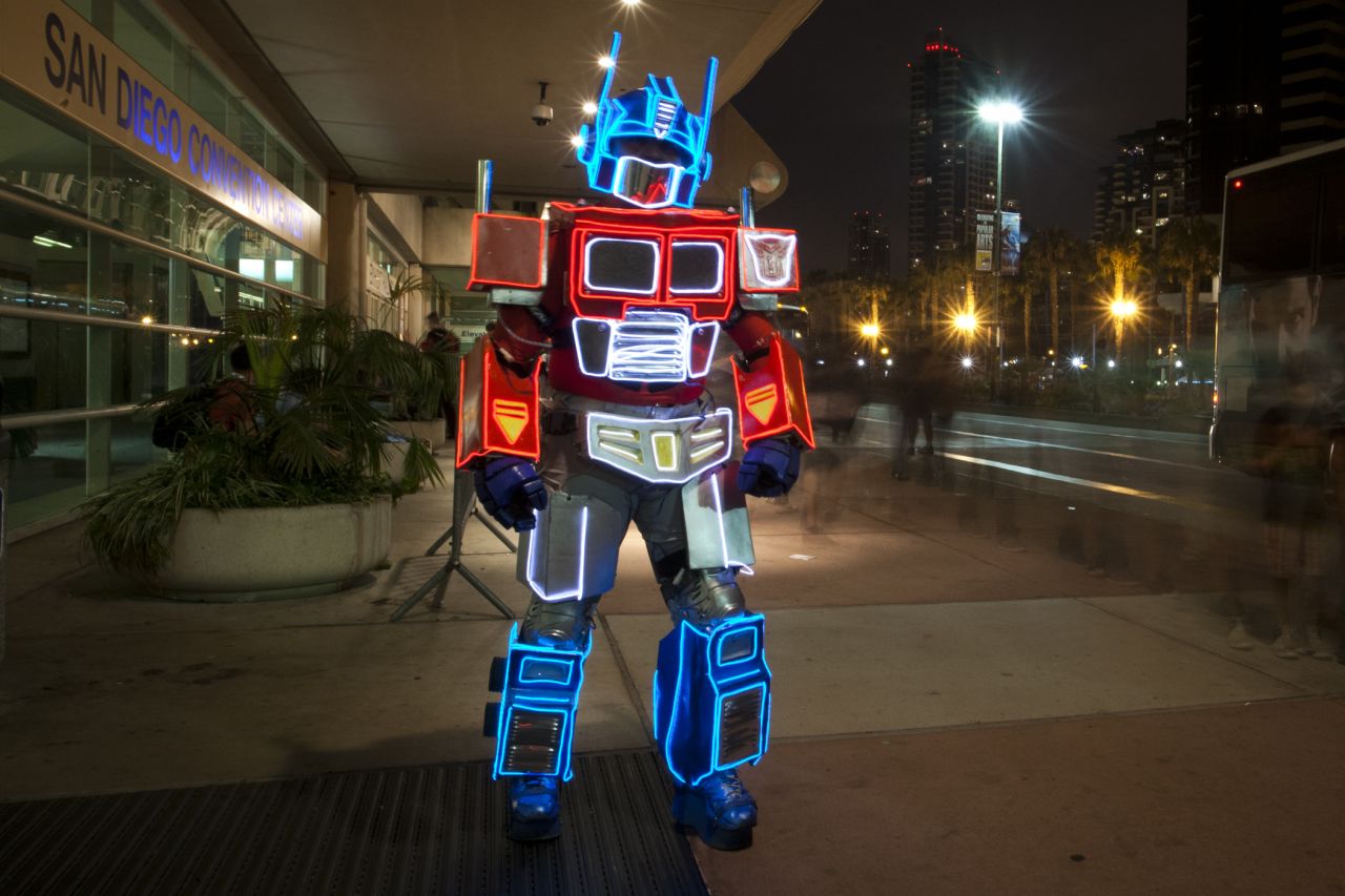 A convention-goer dressed as Optimus Prime from the "Transformers" franchise walks outside of the convention center on July 20.