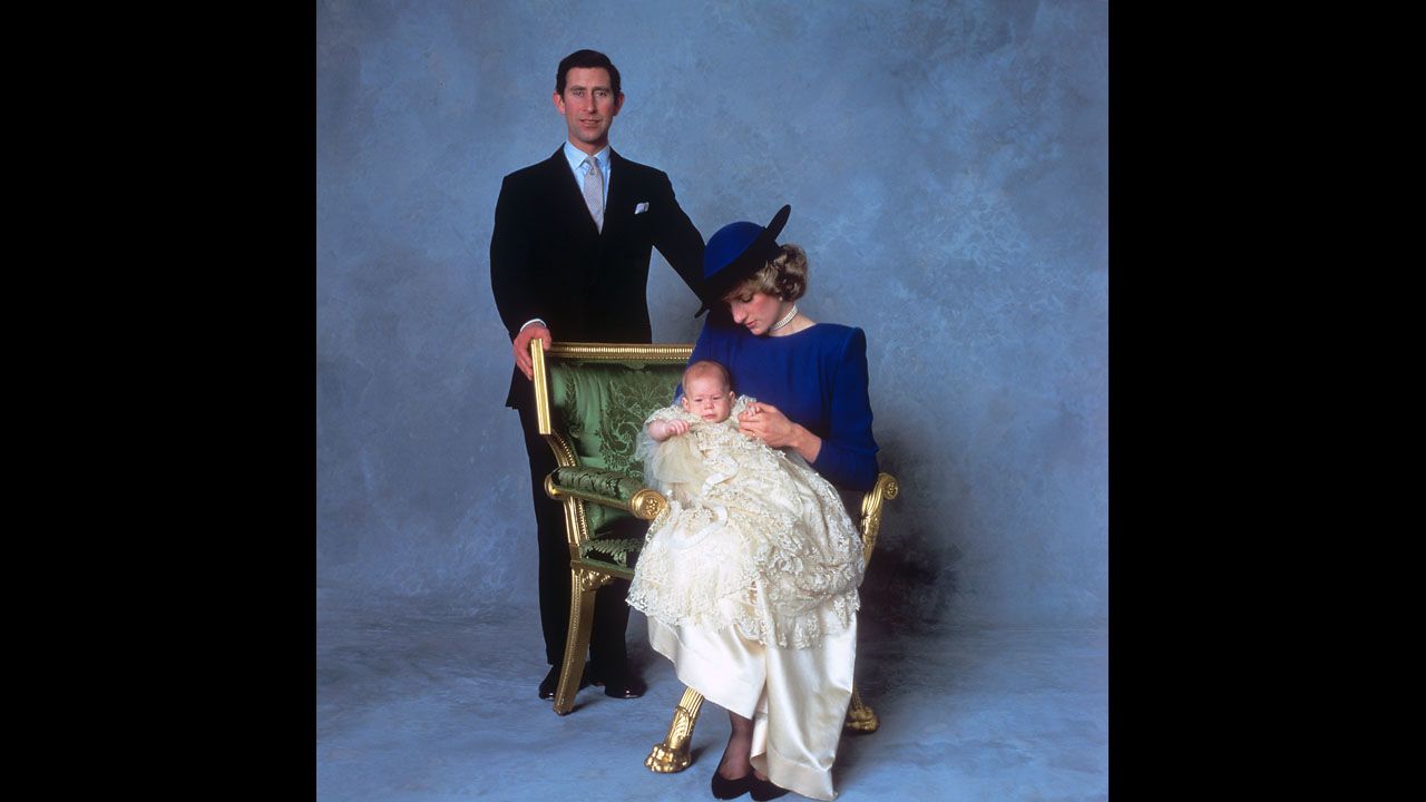 Prince Charles, Princess Diana and 3-month-old Prince Harry at St. George's Chapel in Windsor, England, in December 1984. Charles is the eldest son of Queen Elizabeth II and Prince Philip.