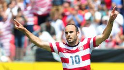 Landon Donovan of the US celebrates his first half equalizer after scoring from the penalty spot against Cuba during their Gold Cup soccer match in Sandy, Utah, on July 13, 2013 where the US defeated Cuba 4-1. AFP PHOTO/Frederic J. BROWNFREDERIC J. BROWN/AFP/Getty Images