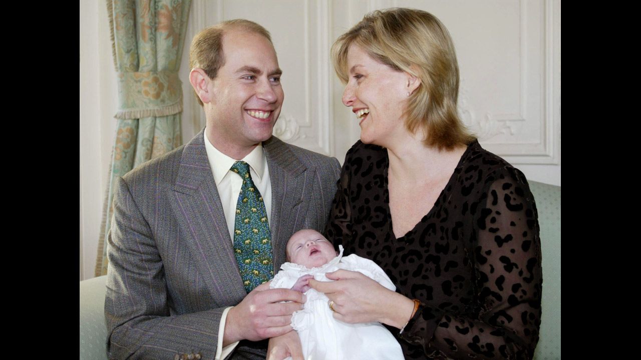 Prince Edward and Sophie pose with their first child, Lady Louise Windsor, in January 2004.