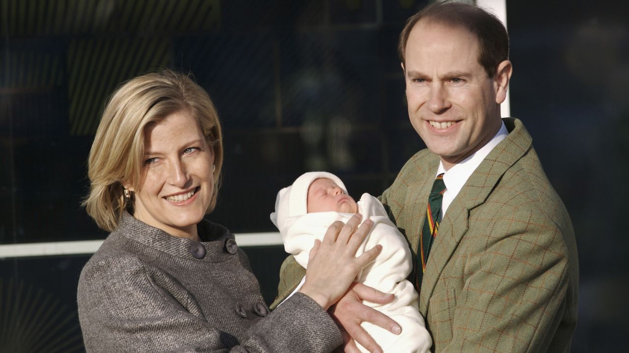 Prince Edward, Earl of Wessex, and wife Sophie, Countess of Wessex, leave Frimley Park Hospital in Surrey, England, with their second child, James, Viscount Severn, in December 2007. Edward is the youngest son of Queen Elizabeth II and Prince Philip.