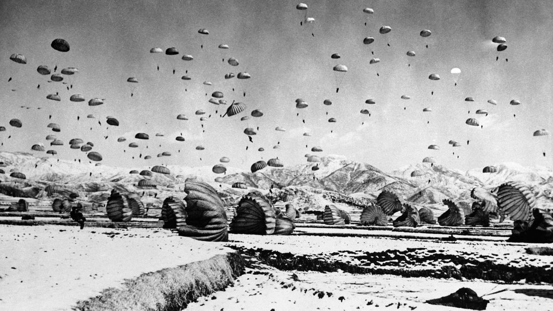 The 187th U.S. Airborne Regimental Combat Team conducts a practice jump in South Korea, circa 1951.