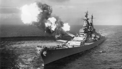 The USS Missouri bombards Chongjin, North Korea, circa May 1951.