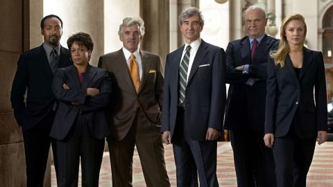 Jesse L. Martin, from left, S. Epatha Merkerson, Farina, Sam Waterston, Fred Thompson, and Elisabeth Rohm pose as their "Law and Order" characters in 2004.
