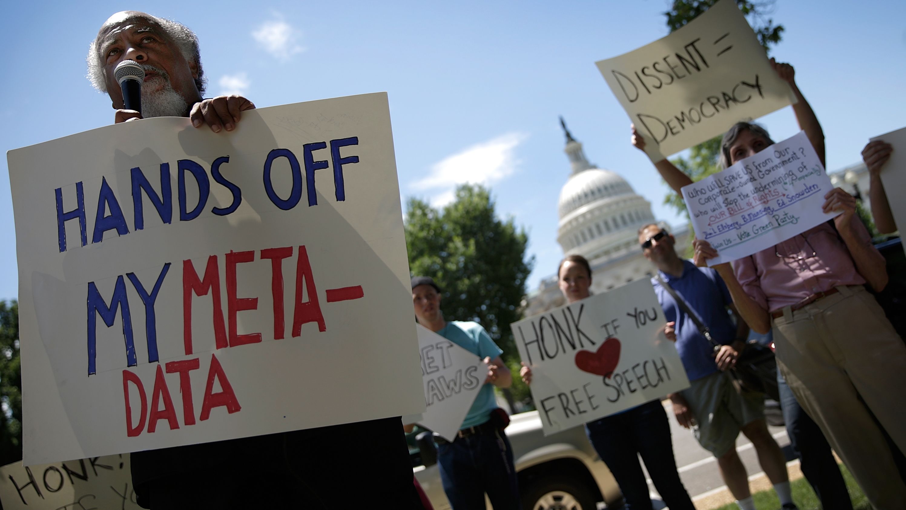 Demonstrators gathered in Washington D.C. to protest the National Security Agency domestic spying programs. 