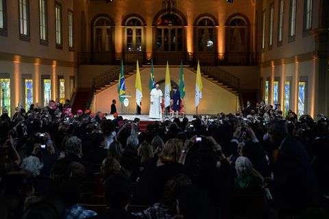 Pope Francis takes the stage with President Dilma Rousseff at the Guanabara Palace on July 22.