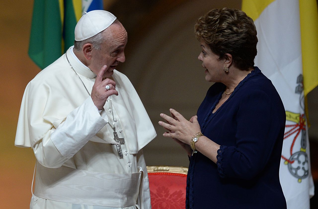 Pope Francis talks with Brazilian President Dilma Rousseff during a welcoming ceremony at the Guanabara Palace in Rio de Janeiro on Monday, July 22. The pope began his first apostolic visit Monday in Brazil, home to the world's largest Catholic population.