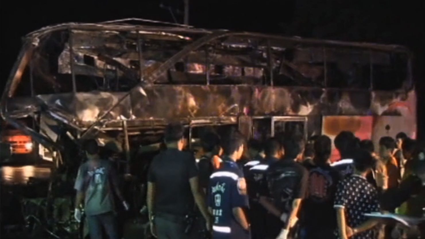 Charred remains of the ill-fated bus that crashed in central Thailand on Tuesday.