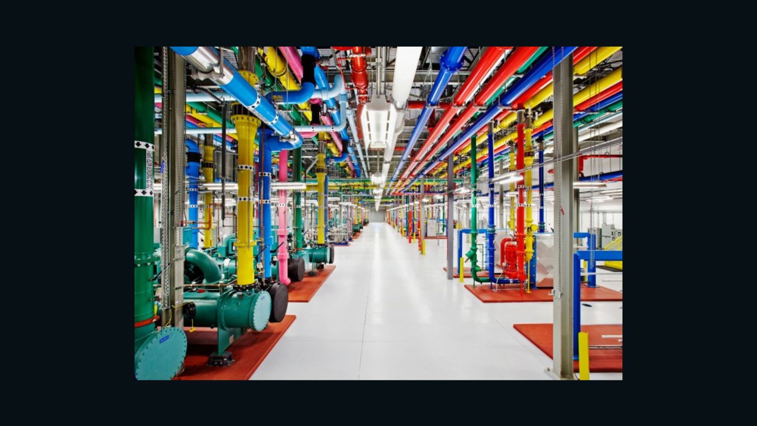 A central cooling plant at Google's data center in Douglas County, Georgia, features the company's iconic muli-colored design.