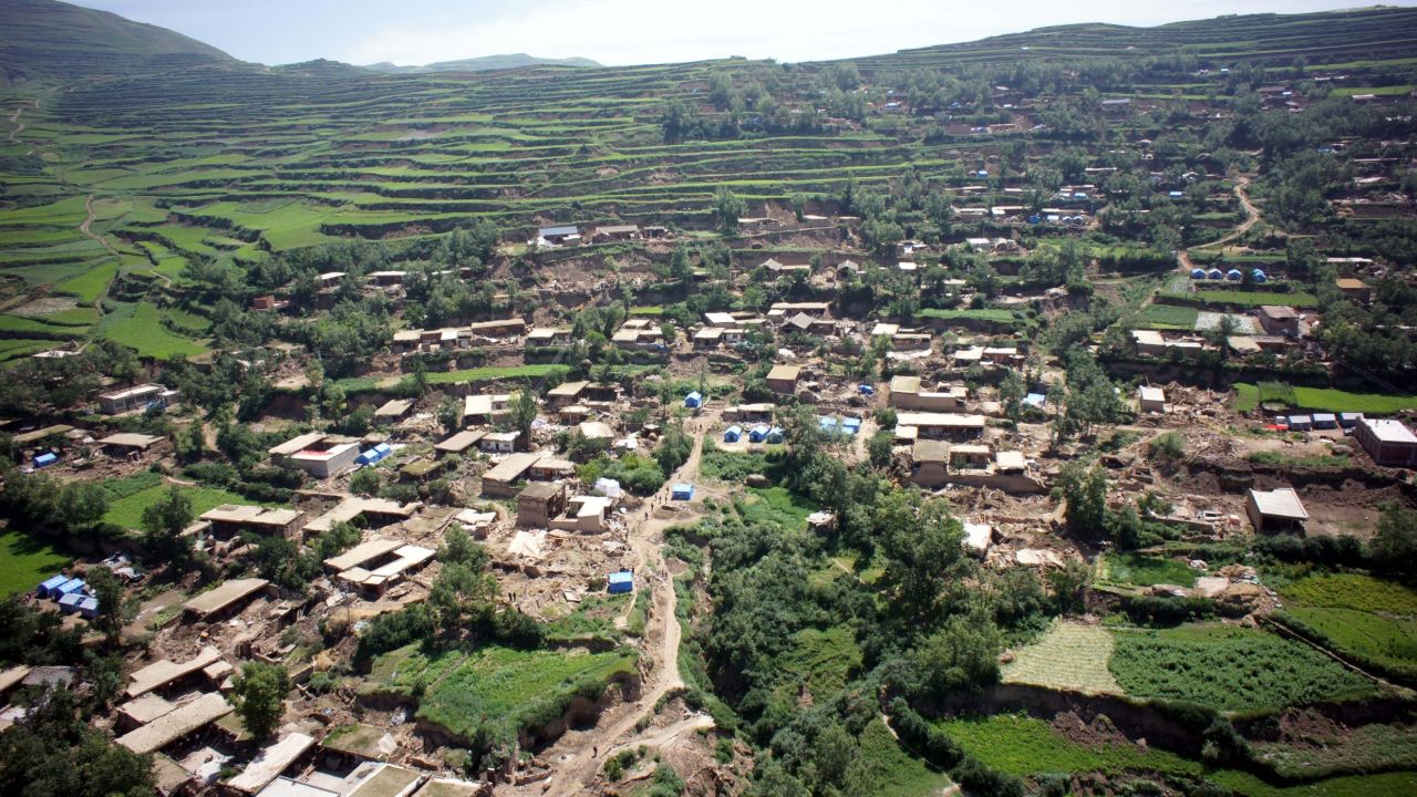 An aerial photo shows the devastation in the village of Yongguang in Gansu province.
