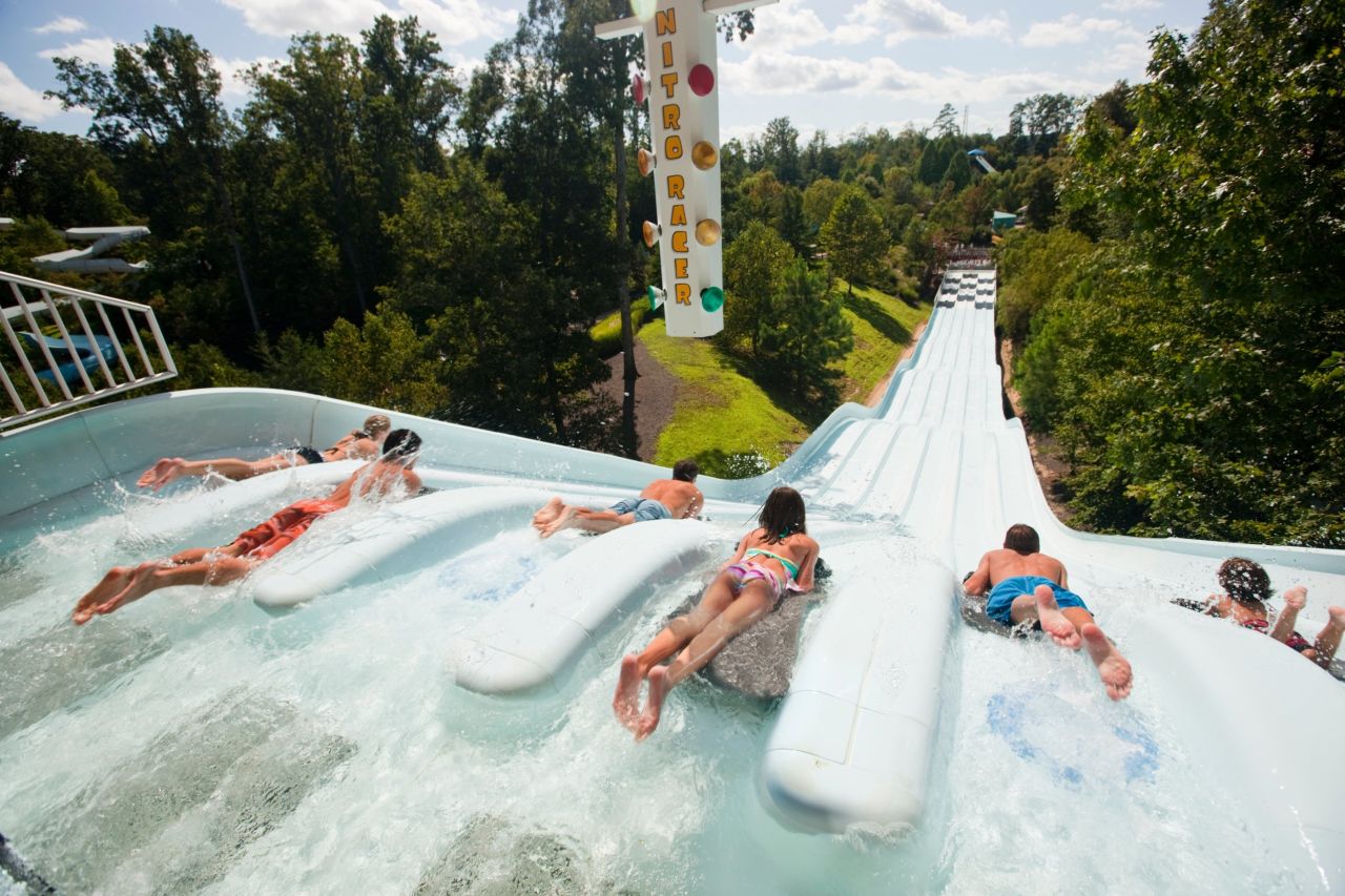 A highlight at SeaWorld's Water Country USA in Williamsburg, Virginia, is the Nitro Racer, where body surfers can enjoy a "six-lane highway full of slippery fun." Water Country hosted 748,000 guests in 2012, according to the Themed Entertainment Association.