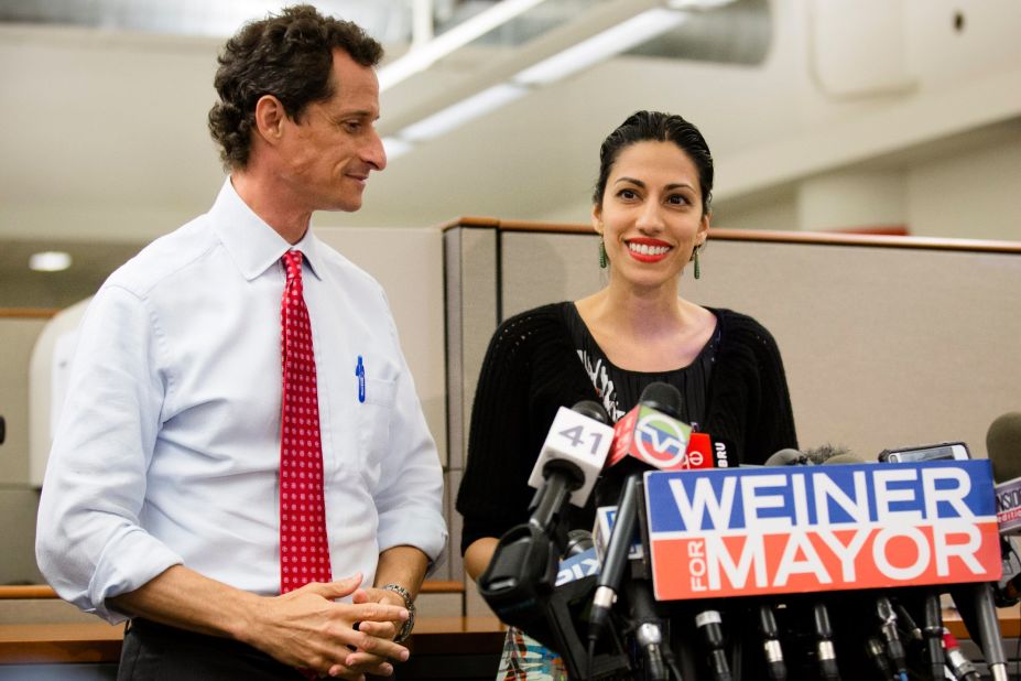 Anthony Weiner and his wife, Huma Abedin, hold a press conference on Tuesday, July 23, to address explicit online exchanges that were published by a gossip website.  