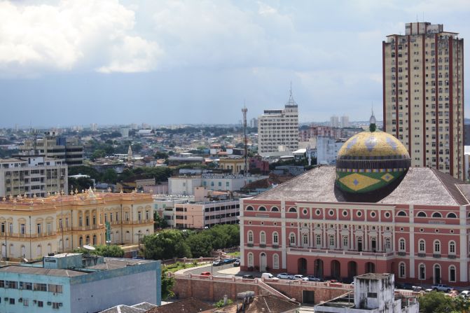 Manaus' famous opera house, built in the late 1800s, stands out in the city skyline.