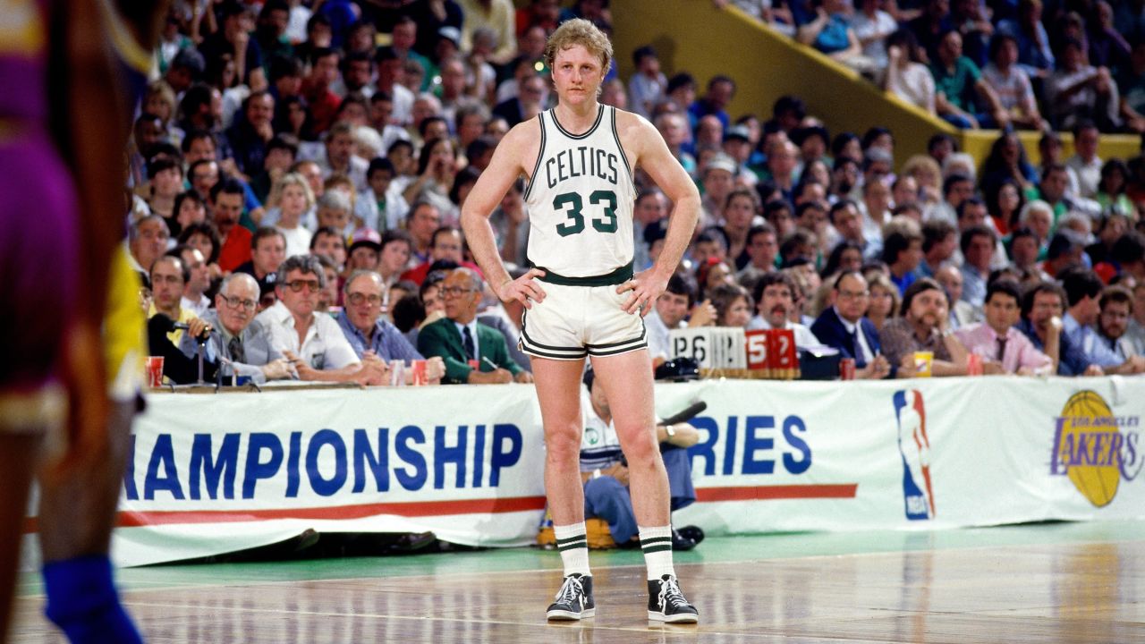 Larry Bird #33 of the Boston Celtics stands on the court during Game Six of the 1985 NBA Finals against against the Los Angeles Lakers at the Boston Garden on June 9, 1985 in Boston, Massachusetts. Copyright 1985 NBAE 