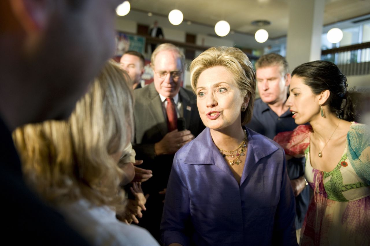 Abedin is by Clinton's side as she greets doctors and staff in San Juan Bautista Medical Center in Puerto Rico during Clinton's campaign for president on May 31, 2008.