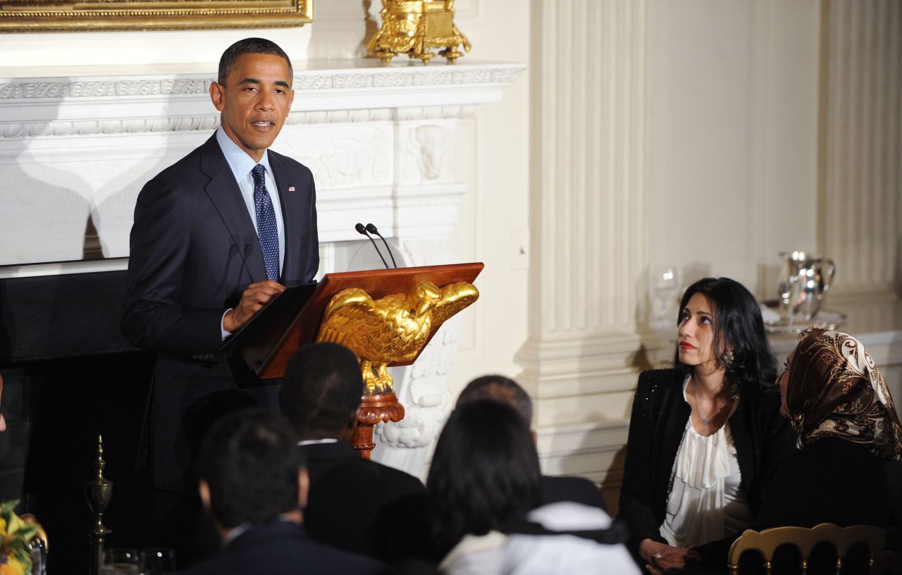 Abedin attends a White House dinner celebrating Ramadan in the State Dining Room of the White House on August 10, 2012.
