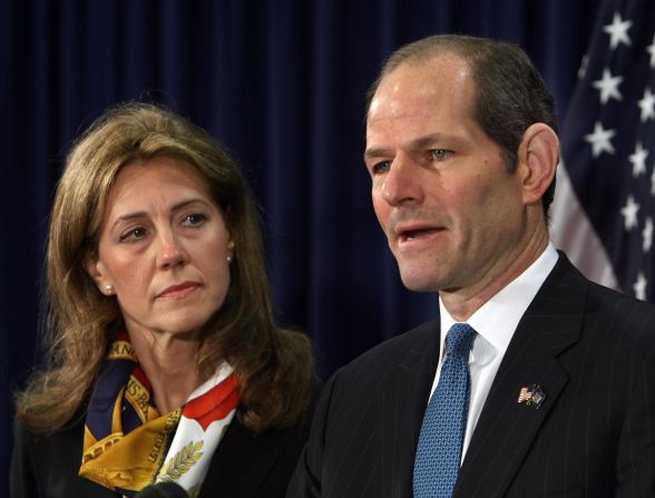 Former New York Gov. Eliot Spitzer, shown here with wife Silda Wall Spitzer, resigned in March 2008 after it was revealed that he had spent thousands of dollars on prostitutes.