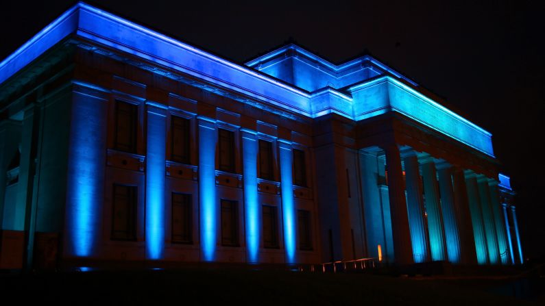 The Auckland War Memorial Museum in New Zealand is lit blue on Wednesday, July 24, to celebrate the birth of a baby boy to Prince William, the Duke of Cambridge, and Catherine, the Duchess of Cambridge. Catherine <a href="index.php?page=&url=http%3A%2F%2Fwww.cnn.com%2F2013%2F07%2F22%2Fworld%2Feurope%2Fuk-royal-baby%2Findex.html">gave birth to the boy at 4:24 p.m.</a> July 22. He weighed 8 pounds, 6 ounces. A name has not been announced for the child, who is third in line to the British throne.