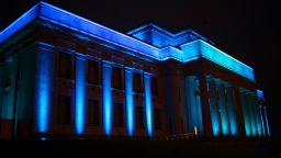The Auckland War Memorial Museum in New Zealand is lit blue on Wednesday, July 24, to celebrate the birth of a baby boy to Prince William, the Duke of Cambridge, and Catherine, the Duchess of Cambridge. Catherine gave birth to the boy at 4:24 p.m. July 22. He weighed 8 pounds, 6 ounces. A name has not been announced for the child, who is third in line to the British throne.