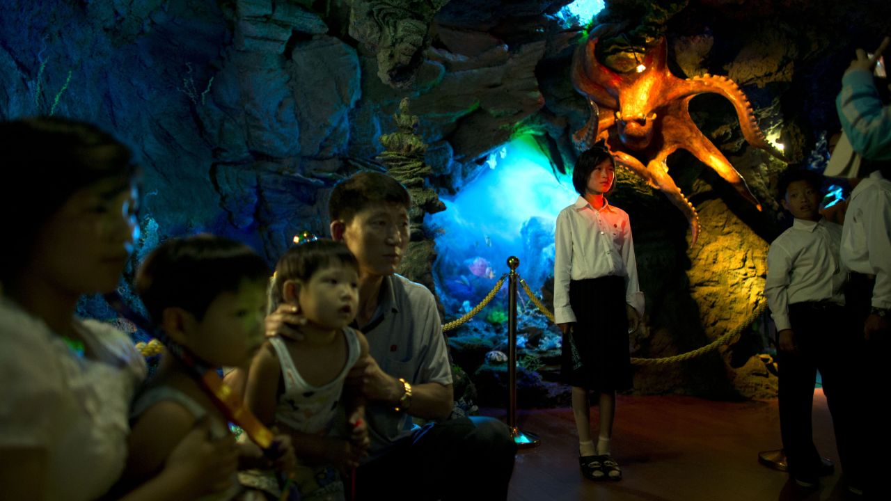 People pose for photos near a display model of an octopus as they visit a dolphin show facility at an amusement park in Pyongyang on Sunday, June 23.
