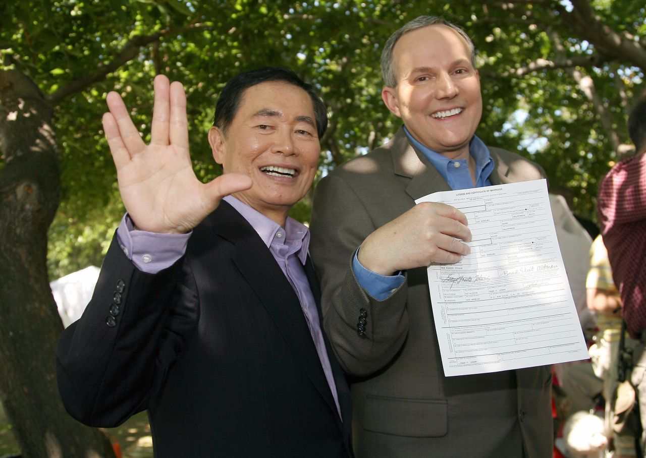 George Takei: Best known for his role as Mr. Sulu in "Star Trek," he has become known for his work supporting same-sex marriage after announcing that he was gay in 2005 and marrying longtime partner Brad Altman in 2008.
