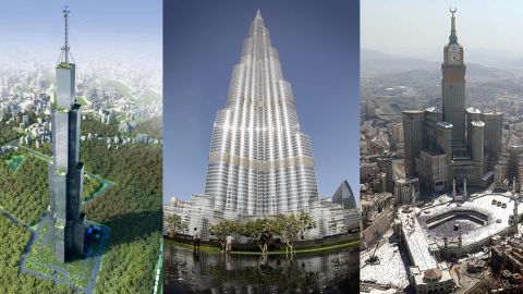 L-R: Sky City (proposed), China; Burj Khalifa, Dubai; Abraj Al Bait Towers, Saudi Arabia.