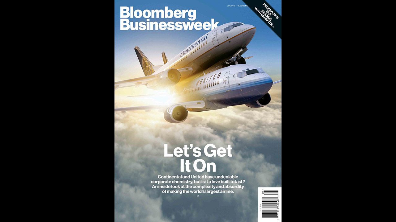 A Bloomberg Businessweek cover in <a href="http://www.businessweek.com/magazine/united-continental-making-the-worlds-largest-airline-fly-02022012.html" target="_blank" target="_blank">February 2012</a> addressed the merger between United and Continental airlines with one plane on top of the other and the headline "Let's Get It On." <a href="http://www.magazine.org/about-asme/pressroom/asme-press-releases/asme/new-york-magazine%E2%80%99s-hurricane-sandy-cover-asme%E2%80%99s-cover" target="_blank" target="_blank">It was recognized</a> by the American Society of Magazine Editors as the year's best cover among business and technology magazines.
