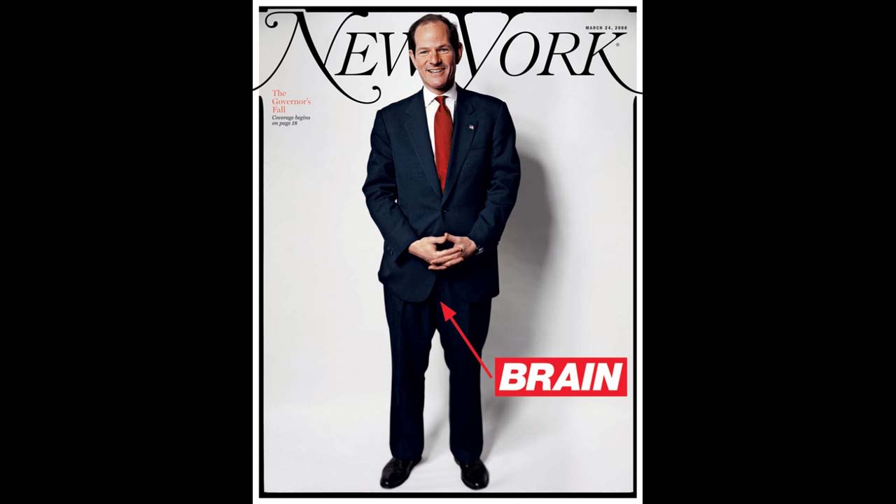 New York magazine featured Eliot Spitzer on its <a href="http://nymag.com/nymag/toc/20080324/" target="_blank" target="_blank">cover in March 2008</a>, a month after he resigned as governor, with the word "brain" pointing to his crotch. Spitzer was stopped in his political tracks when his liaisons with high-paid escort Ashley Dupre surfaced, leading to his resignation. The magazine devoted three articles to dissecting his downfall.