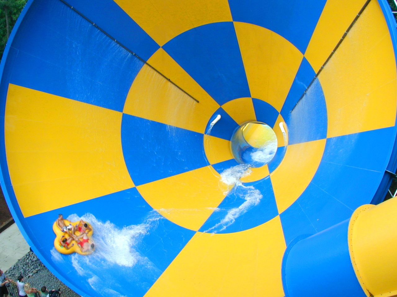 So-called bowl and funnel rides, like the Tornado at Georgia's Six Flags White Water, have become popular lately at many parks. From seven stories high, four riders on a raft plunge down into a tunnel that leads to a funnel measuring 60 feet in diameter. The riders spin down into a hole in the funnel's center.