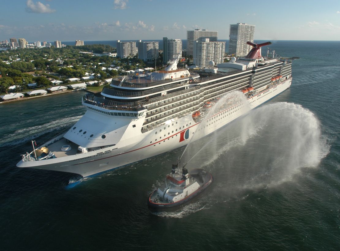 A 2002 file photo of the  Carnival Legend, a 2,100-passenger, 960-foot-long cruise ship in Fort Lauderdale, Florida.