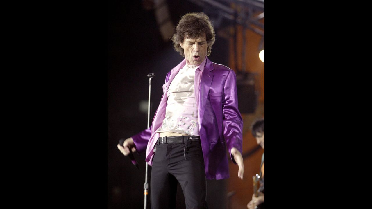 He refrained from going topless, as he did in his younger years, but Jagger still kept the pants tight while on tour with the Rolling Stones in 2003. 