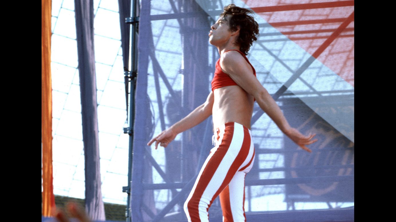 In 2011, Maroon 5's Adam Levine paid homage to Jagger's vintage look -- such as this midriff-baring outfit from the Rolling Stones' 1982 European tour -- in the music video for "Moves Like Jagger." In it, Levine, too, slips into a pair of skintight skinnies and rocks out without a shirt. 