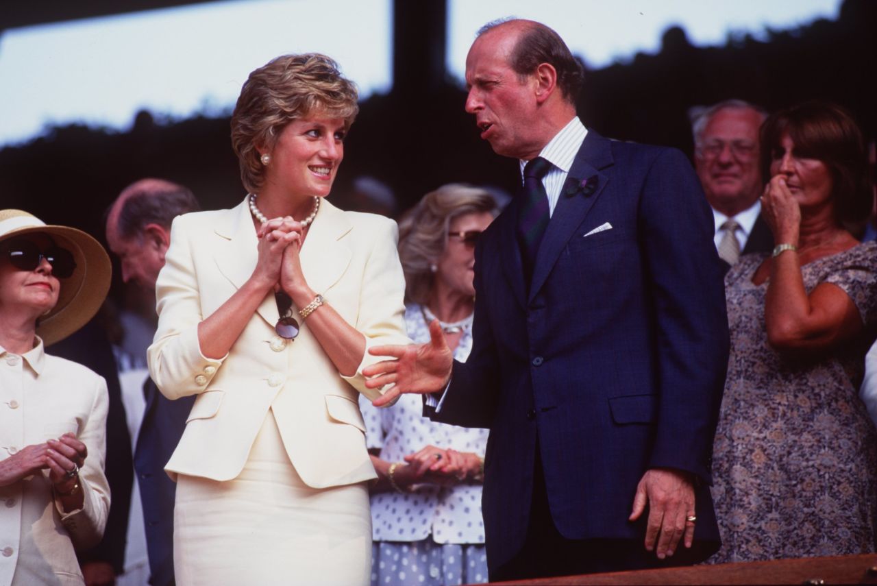 Princess Diana talks to the Duke of Kent while attending the 1995 men's singles final at Wimbledon between Pete Sampras and Boris Becker.