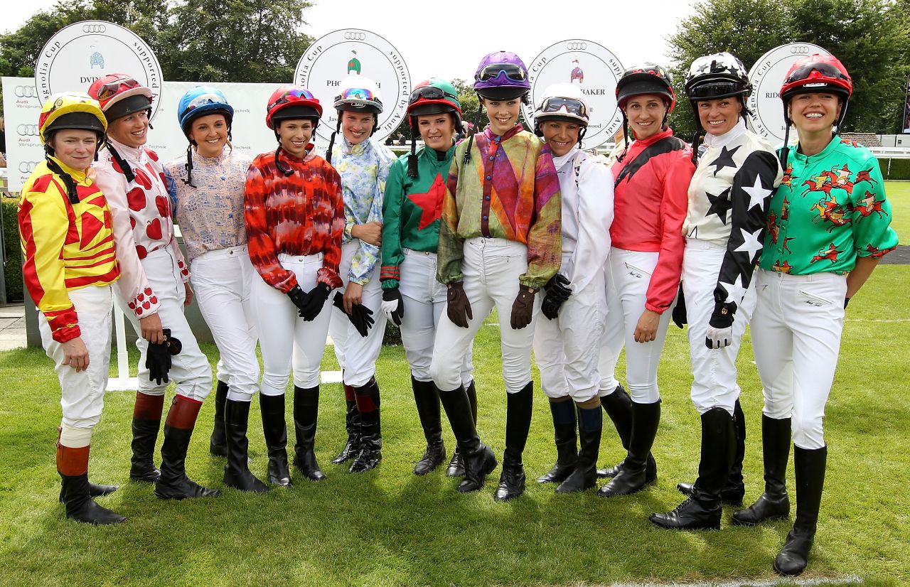 A group of female amateur jockeys prepare to take part in the women's only race at Glorious Goodwood.
