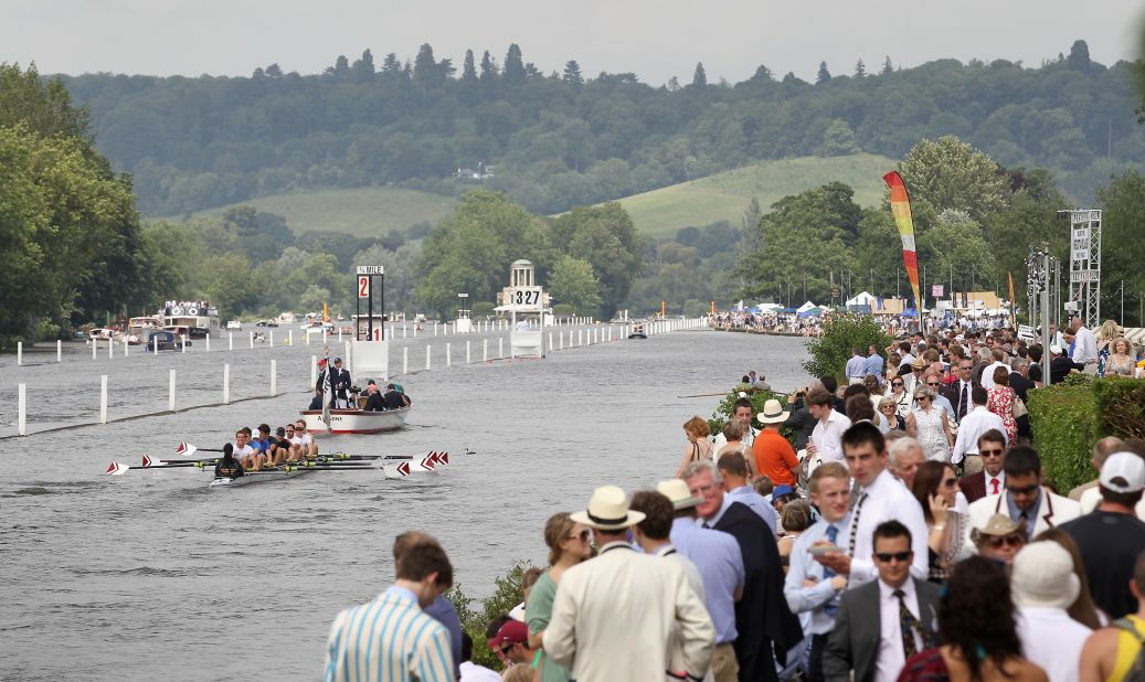 A view of the One Mile 550 yards of the course at the Henley Royal Regatta as a crew rows past the spectators. 