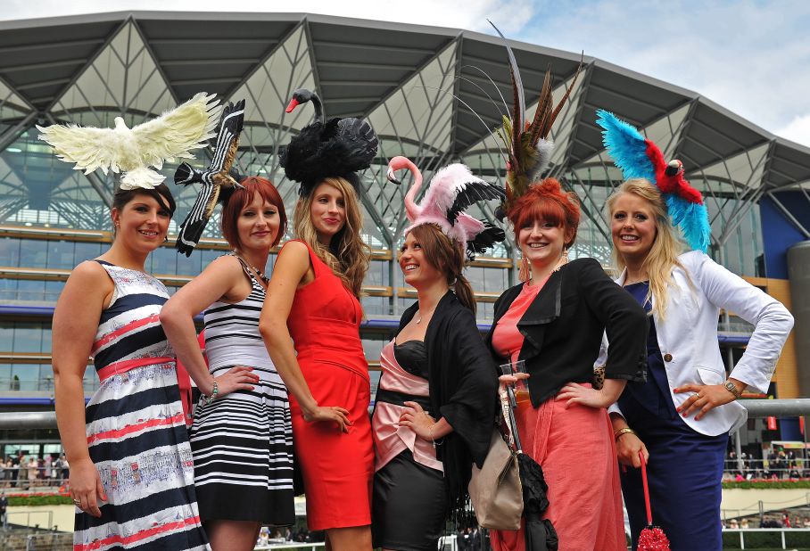 Pimms, pomp and circumstance. A group of young women sport an array of unusual hats at Royal Ascot's Ladies Day. Ascot is one of the key events on the English sport and social calendar.