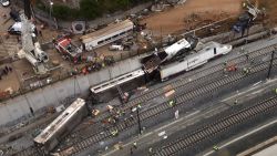   An aerial view shows the site of a train accident near the city of Santiago de Compostela on July 25, 2013. A train hurtled off the tracks on July 24, 2013 in northwest Spain  