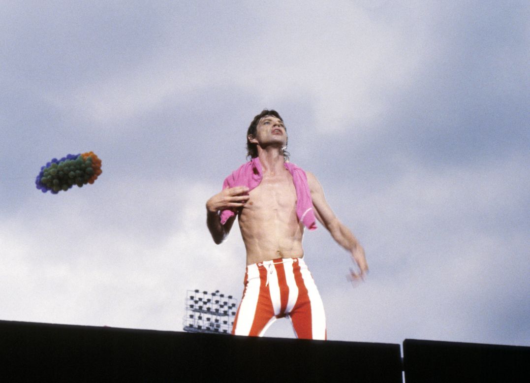 Jagger looks out at the crowd during a 1982 concert at Wembley Stadium in London.