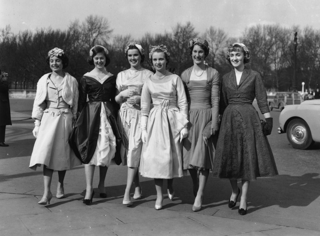 A group of debutantes outside Buckingham Palace in 1958 -- the last year the tradition of meeting the reigning monarch was in place.