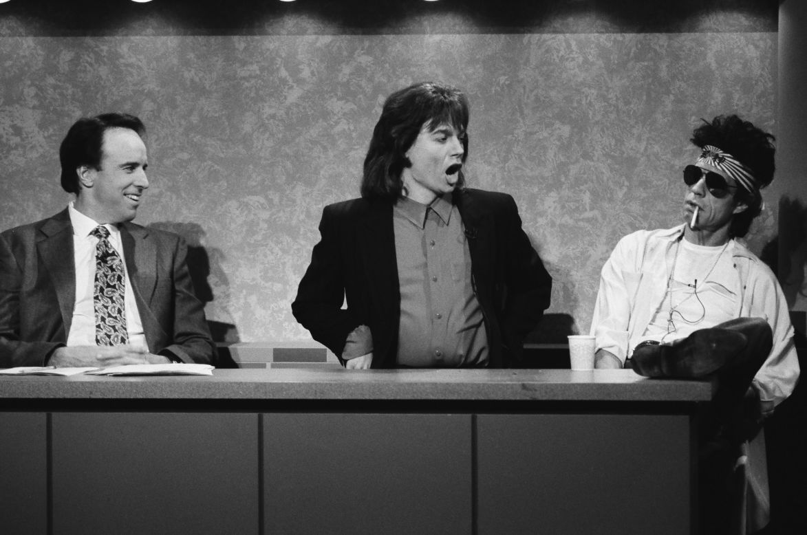 Jagger plays Keith Richards, right, on a "Saturday Night Live" episode in 1993. Mike Myers, center, was playing the part of Jagger.