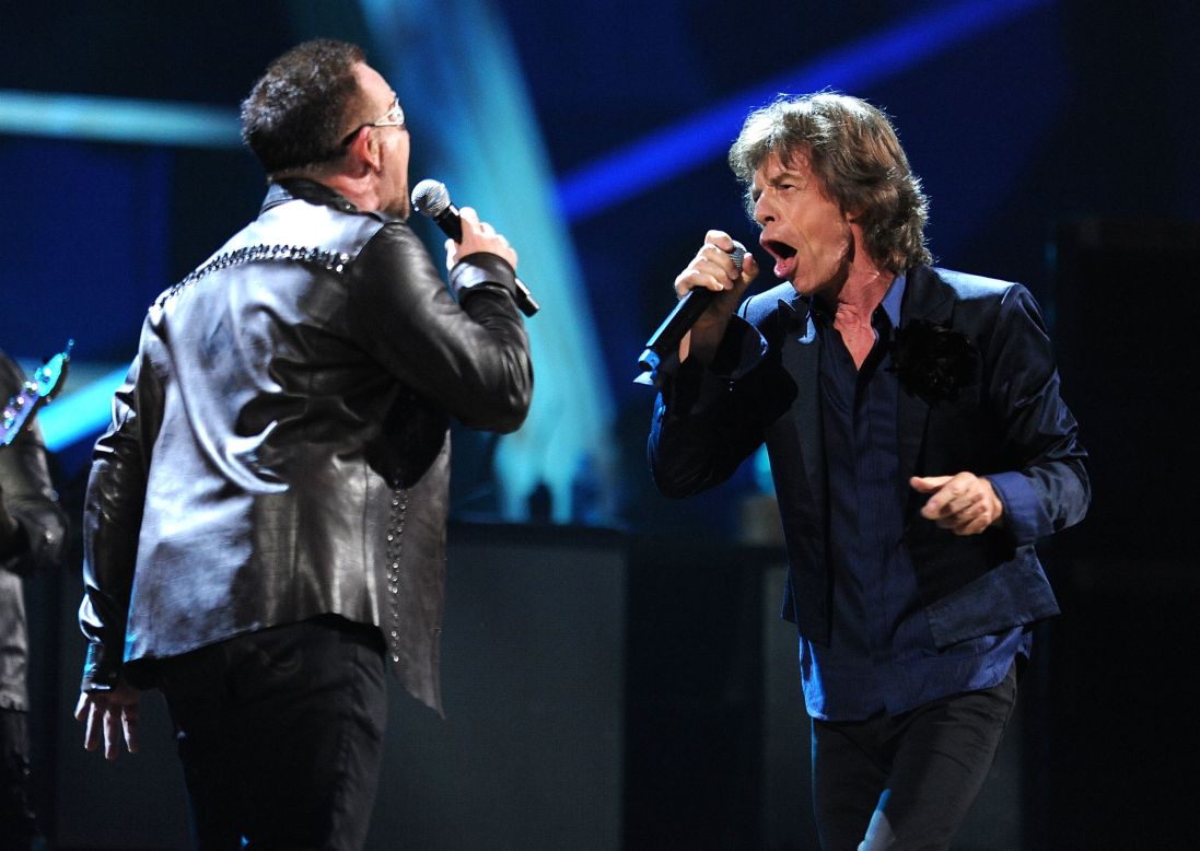 Jagger and Bono of U2 perform together during a concert at New York's Madison Square Garden in 2009. It was marking the 25th anniversary of the Rock and Roll Hall of Fame.