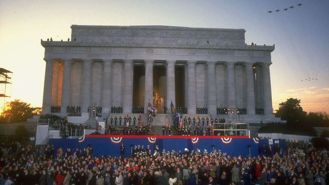 Planes fly over the memorial during the inauguration of George H.W. Bush in January 1989.