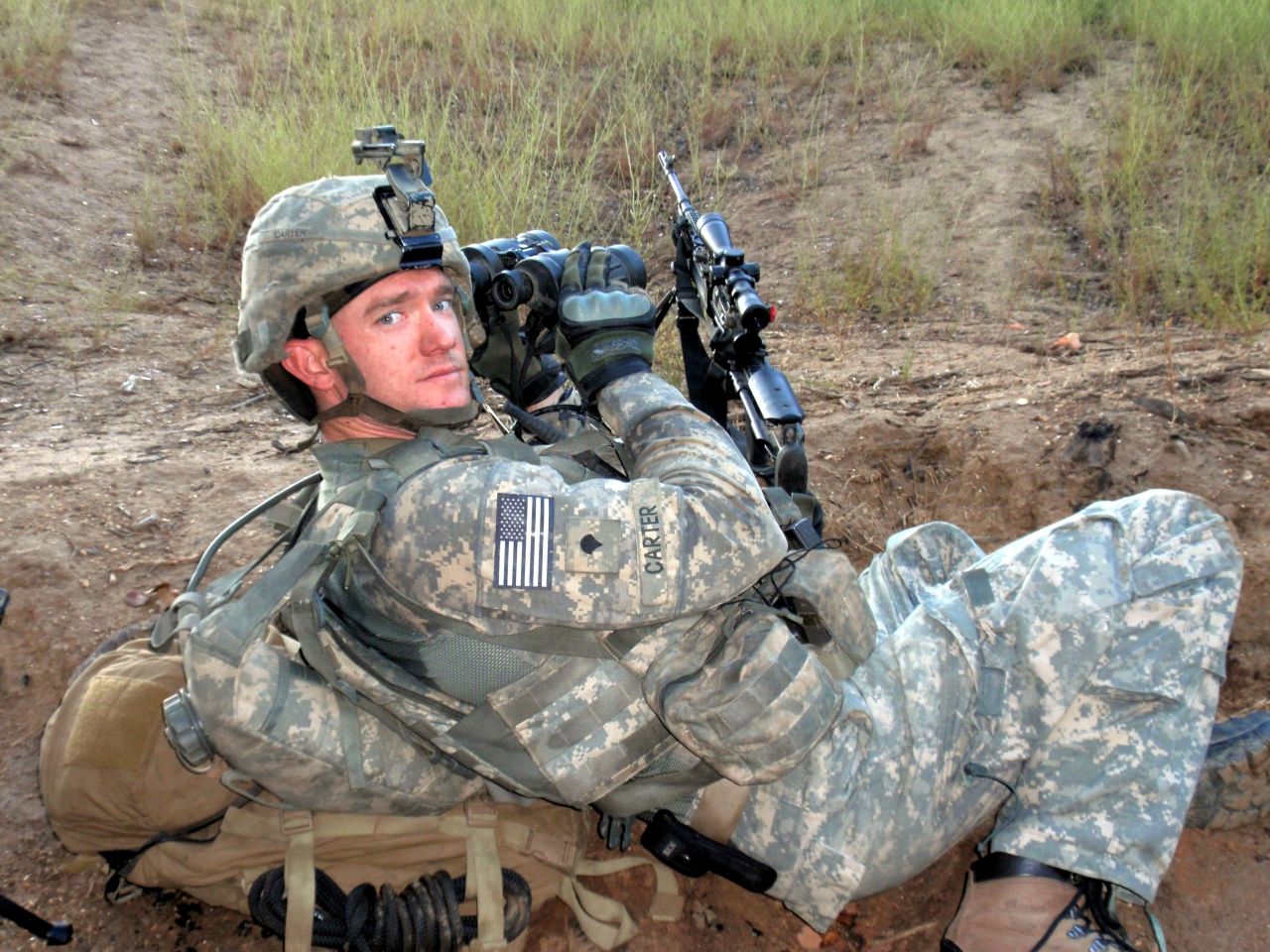 Carter on patrol from Combat Outpost Keating, where he was a member of the Blue Platoon, nicknamed "The Bastards."