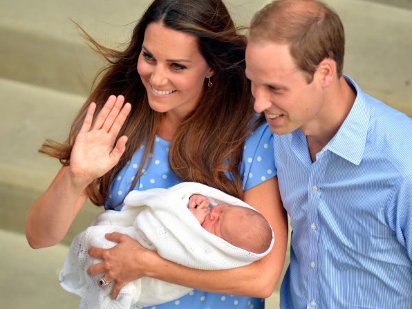 William, Catherine and their newborn son depart St. Mary's Hospital in London in July 2013.