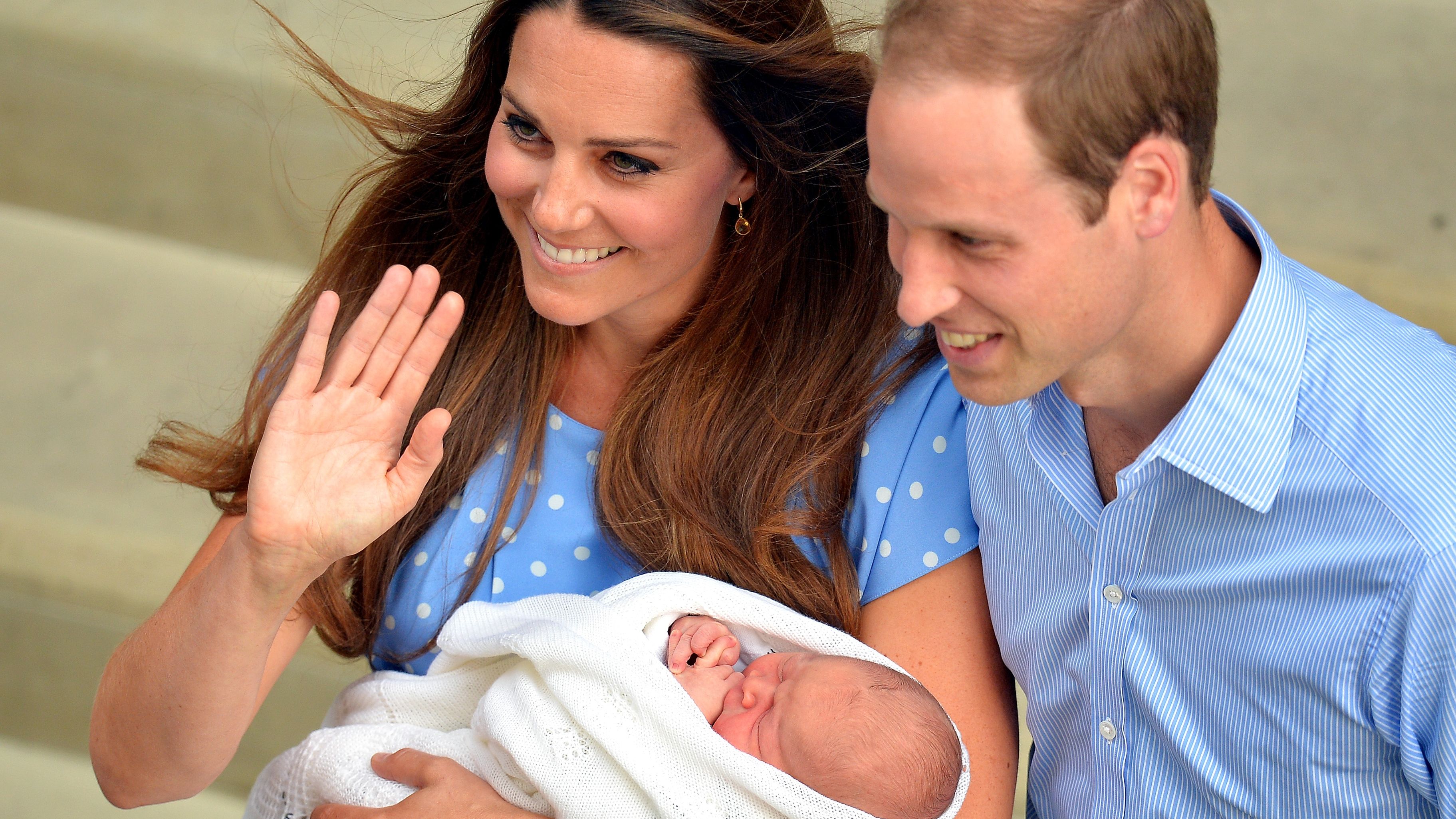 William, Catherine and their newborn son depart St. Mary's Hospital in London in July 2013.