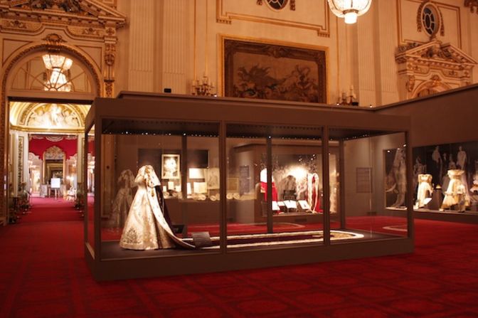 The ballroom with the gown and other artefacts on display.